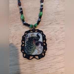 2 For $25 Peacock Pendant Necklace with Black and Green Beads